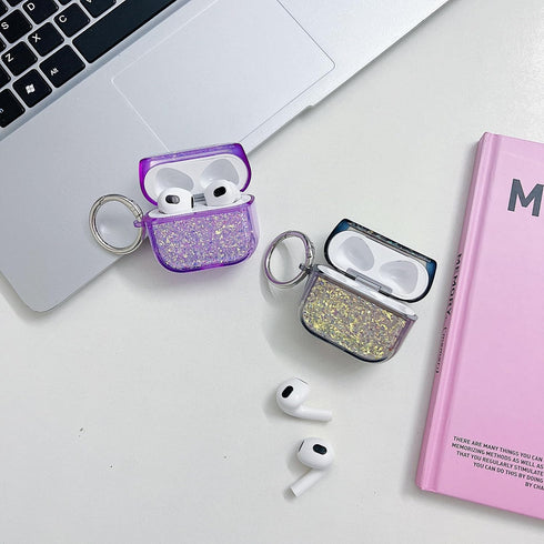 Purple Silver foil Glitter for AirPods 3 Case 3st Generation Cover Clear 2021, Cute Flower Pendant, Cleaning Pen Kit, Soft TPU Silicone Protective...