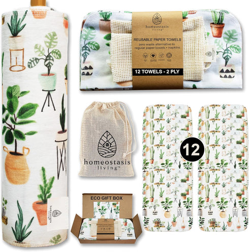 | Reusable Paper Towels with Cotton Wash Bag | Plant Love 12 x Washable Eco Friendly Paperless Paper Towels Napkins Cloth Kitchen Washable Reusabl...