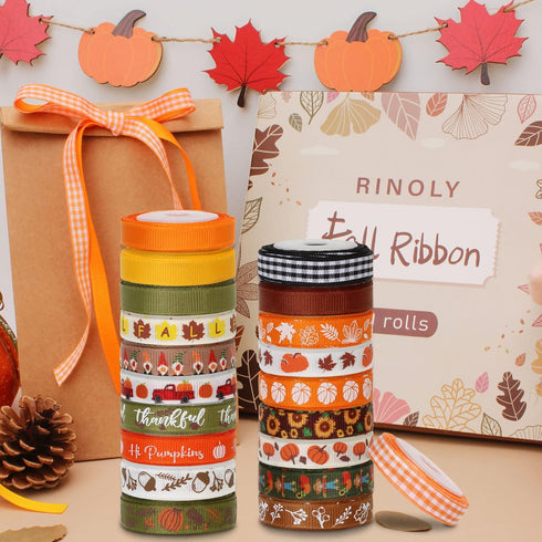 Fall Ribbons 3/8 Inch x 300Fts (20 Rolls x 15Ft), Pumpkin Ribbon/Thanksgiving Harvest Ribbon for Wrapping DIY Craft Decor...