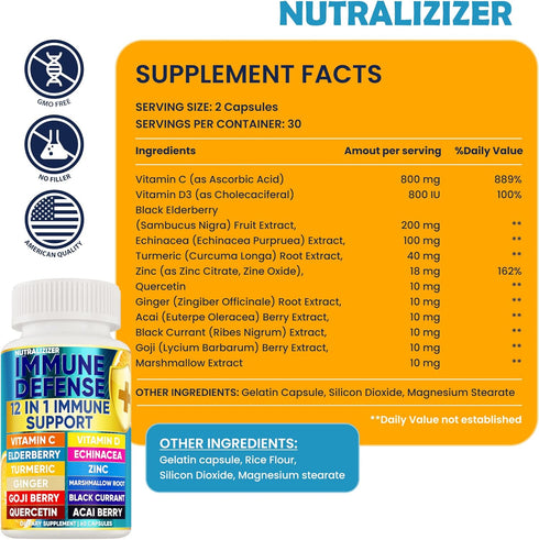 12 in 1 Premium Immune Defense Vitamins - Immune Supplement w/ Vitamin D3 5000 IU Vitamin ? 1000mg Zin? 50mg - Luxe Choice for Premium Immune Supp...