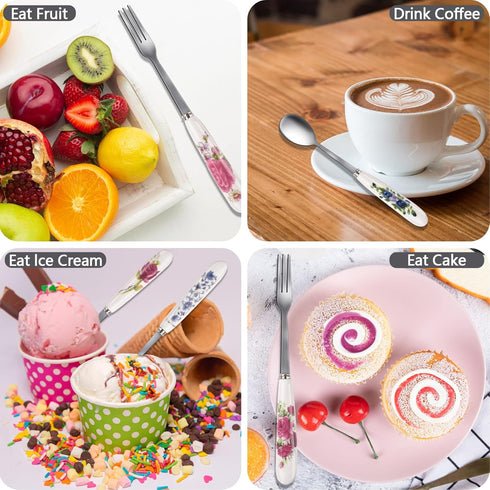 12 Pieces Forks and Spoons with Ceramics Handle, Stainless Steel Utensils Dessert Spoons and Forks Set for 6, Cutlery Set with Flower Pattern, Fla...