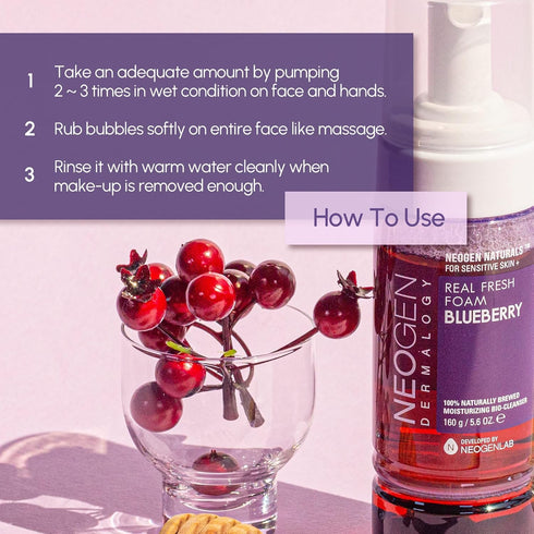 DERMALOGY by NEOGENLAB Real Fresh Foam Cleanser, Blueberry 5.6 Fl Oz (160g) - Hydrating Gentle Cleansing Foam with Real Blueberries, Clean Beauty ...