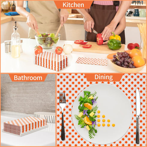 DYLIVeS Orange Gingham Napkins, Orange and White Checkered Guest Towel Plaid Party Napkins Disposable Paper Hand Towels for Luncheon, Dinner, Picn...