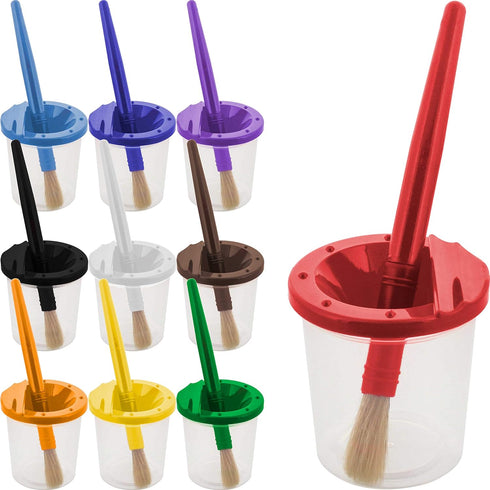 U.S. Art Supply 10 Piece Children's No Spill Paint Cups with Colored Lids and 10 Piece Large Round Brush Set with Plastic Handles...