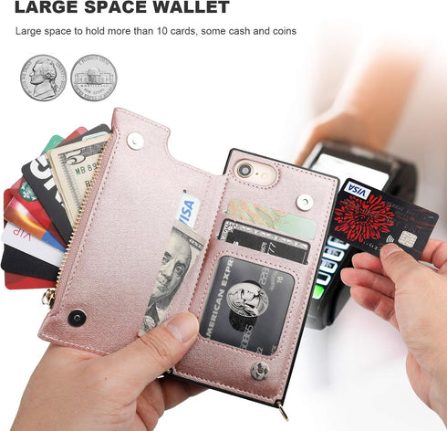 Bocasal Crossbody Wallet Case for iPhone SE 2022/SE 2020/7/8 with Card Holder,Zipper Card Slot Protector Shockproof Purse Cover with Removable Cro...