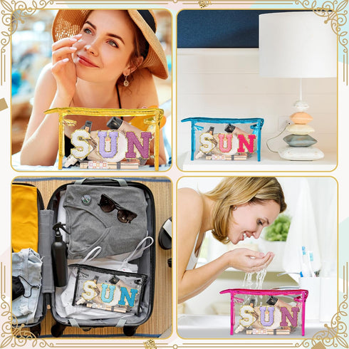 Y1tvei Clear SUN Makeup Bag - Preppy Blue SUN Chenille Varsity Letter Cosmetic Bag PVC Transparent Zipper Waterproof Beach Makeup Carry Pouch Port...