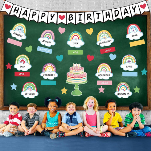 65 Pcs Birthday Bulletin Board Set Rainbow Classroom Happy Boho Birthday Chart Cutouts Decorations Decor Board for Classroom Home Calendar Bulleti...