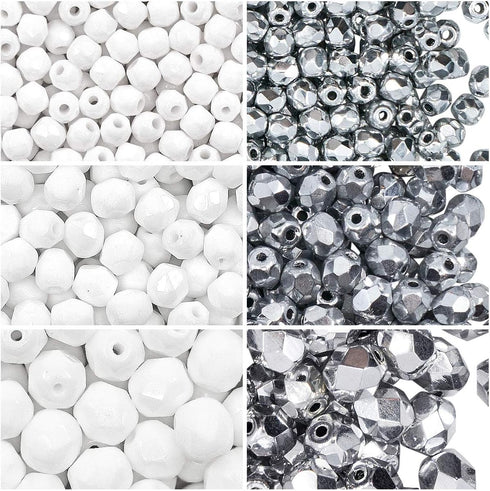 Set of Czech Faceted Glass Beads, Fire-Polished, Round 3mm, 4mm, 6mm. Two colors: Chalk White, Crystal Full Labrador. A total of 500 Pieces. Kit f...
