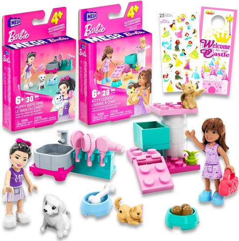 Barbie Pet Boutique Playset - 16 Pc Barbie Pet Grooming Care Building Sets w 2 Figures, Puppy, Kitten, Accessories | Mega Bloks Bundle Barbie Doll...