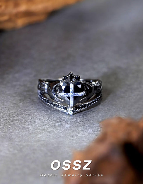 Women's Irish Claddagh Ring - 925 Sterling Silver Black Cross Heart Shape Cubic Zirconia 7 Ring Engagement Wedding Love Crown Ring Timeless Classi...