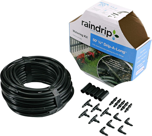 Raindrip R280DT Drip-A-Long™ 1/4 in. Dripline Kit includes 50 feet of 1/4-Inch Dripline preassembled with 1/2 GPH drippers, 5 Barbed Tees, 5 Barbe...