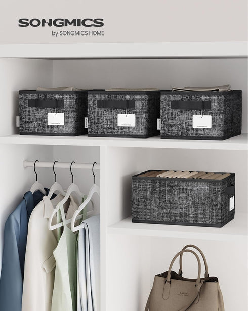SONGMICS Storage Baskets, Set of 3 Fabric Storage Bins, 11.8 x 7.9 x 5.9 Inches, Foldable Closet Organizer for Shelves, 2 Handles, Label Holders, ...