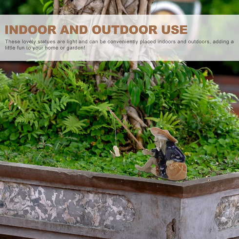 DOITOOL Mini Fisherman Figurine, Miniature Ceramic Fisherman Bonsai Figurine, Chinese Mudman Sitting Fishing Garden Statue Ornament for Micro Land...