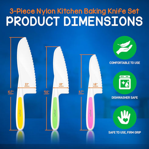 NutriChef 3-Piece Nylon Kitchen Baking Knife Set - Children's Cooking Knives, Safe to Use, Firm Grip, Serrated Edges, Kids' Knives, Protects Littl...