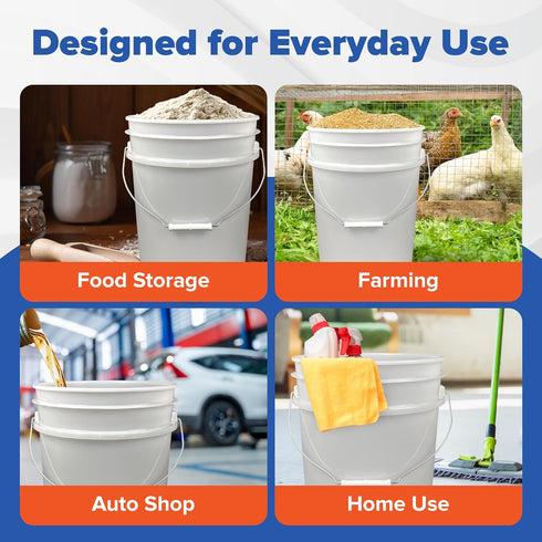 5 Gallon White Bucket & Lid, Made in The USA, Durable 90 Mil All Purpose Pail, Food Grade, Contains No BPA Plastic, Premium HPDE, 1 Pack...