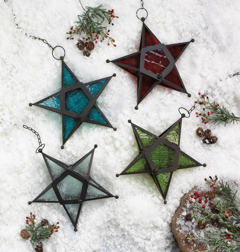 Zings & Thingz Beautiful Hanging Star Candle Lantern, Decorative Iron Light Home Decor, 9.5" Tall, Clear Glass...