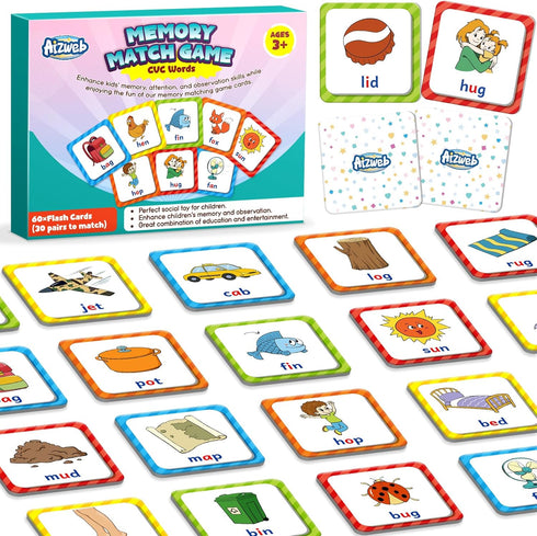 CVC Word Match Game,Memory Game, 60 Pcs Toddler Card Games for Kids Ages 3 4 5 6,Phonics Games Flash Cards for Preschool Kindergarten Learning Act...