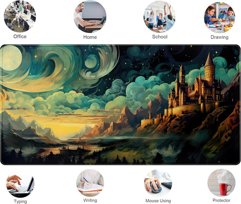 Cool Aesthetic Castle Mouse Pad Desk Pad Cute Cloudy and Starry Desk Mat, Office Desk Decor Anime Mousepad Laptop Keyboard and Mouse Mat, XXL Larg...