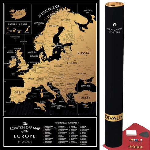 Scratch off Map of the Europe - Easy to Frame 24x16 European Travel Map Poster with Cities - Large Black and Gold Push Pin Travel Wall Maps - Scra...