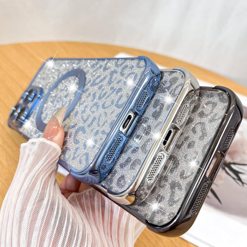 Fiyart Designed for iPhone 15 Pro Max Case,Compatible with MagSafe Cheetah Print Plating Camera Protection Clear Phone Case, Magnetic Glitter Leop...
