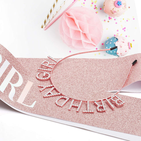 Birthday Crown and Sash Set for Women - Glitter Birthday Girl Sash, Rose-Gold Rhinestone Tiara Headband Gifts Sweet Happy Accessories...