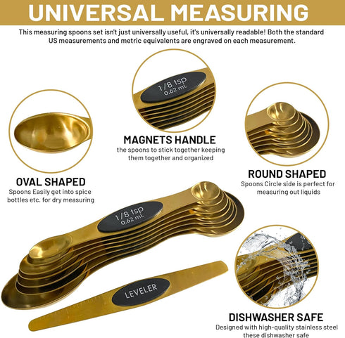 measuring spoons set,of 8-piece stainless steel magnetic gold-colored, double-sided, with, kitchen utensils for measuring and weighing dry and liq...