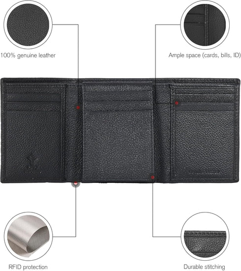 ESTALON Leather Trifold Wallet For Men with RFID Blocking - Men's Trifold Wallet with 9 Credit Card Slots 2 ID Window - Gifts For Men, Him (Black ...