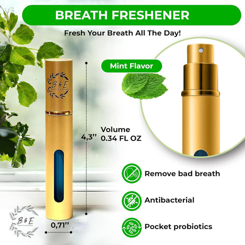 B & E Peppermint Breath Spray for Bad Breath - 0.34 oz Mint Mouth Freshener Spray - Compact Oral Care Spray for Dry Mouth - Gold Bottle...