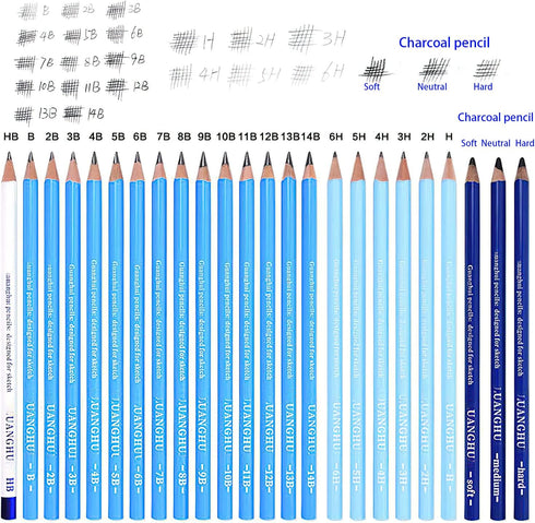24 Drawing Pencils Set, Art Sketching Pencils Charcoal Set 14B,12B,11B,10B,9B,8B,7B,6B,5B,4B,3B,2B,B,HB,H,2H,3H,4H,5H,6H,& Soft Neutral Hard Charc...