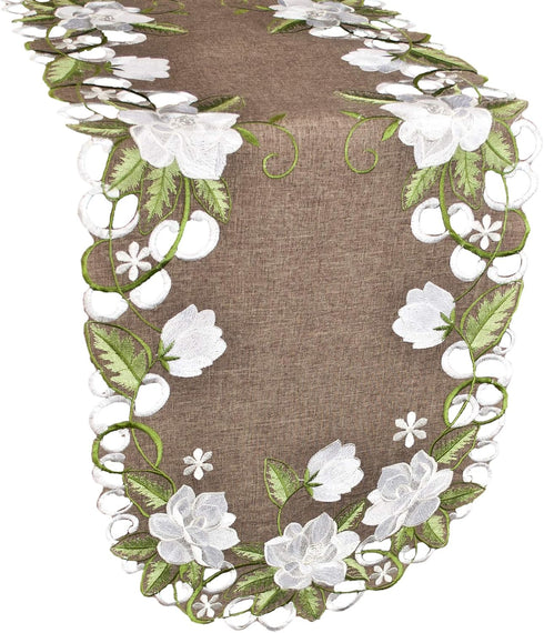 Beautiful White Magnolia Floral Design and Green Leaves Embroidered Cutwork Edges on Brown Polyester Linen Table Runner, Table Centerpiece, Dresse...