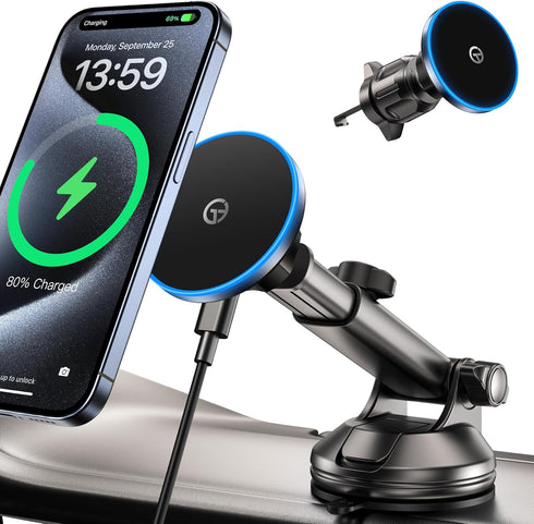 for MagSafe Car Mount Charger -?DashVentWindshield?Wireless Car Charger with ?LED Light?for Night Align, Strong Magnetic Phone Holder for Car for ...
