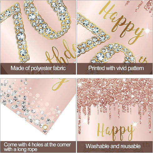 70th Birthday Door Banner Decorations for Women, Pink Rose Gold Happy 70th Birthday Door Cover Backdrop Party Supplies, Large Seventy Year Old Bir...