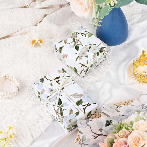 50Sheets 28×20 Inches White Magnolia Flowers Tissue Paper for Gift Wrapping Magnolia Blossom Printed Tissue Paper for Spring Holidays Bridal Showe...