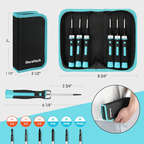 DuraTech 6-Piece Ratcheting Screwdriver Set, Precision Screwdrivers with Pouch, Phillips, Slotted, Magnetic Screwdriver Repair Tool Kit, 3 Ratchet...