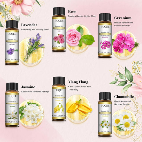 Floral Essential Oils Set of 6 Pure Essential Oil Gift Set for Diffusers, Soap & Candle Making - Lavender, Rose, Ylang Ylang, Jasmine, Geranium, C...