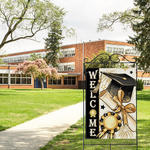 Welcome Class of 2024 Congrats Grad 28 x 40 House Flag Double Sided, Black Gold Graduation Cap Diploma Medal Garden Yard Decoration, High School C...
