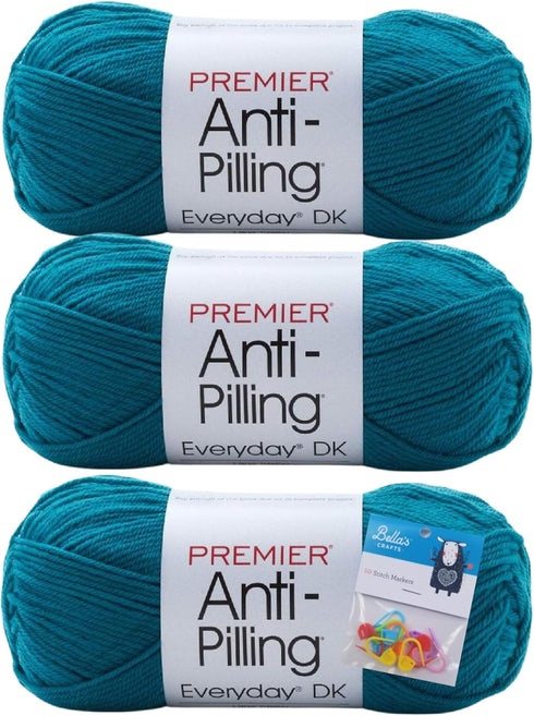 Premier Yarns Everyday DK Anti-Pilling Yarn - 3.5 Oz - #3 Light Weight - 3 Pack Bundle with Bella's Crafts Stitch Markers (Bright Blue)......