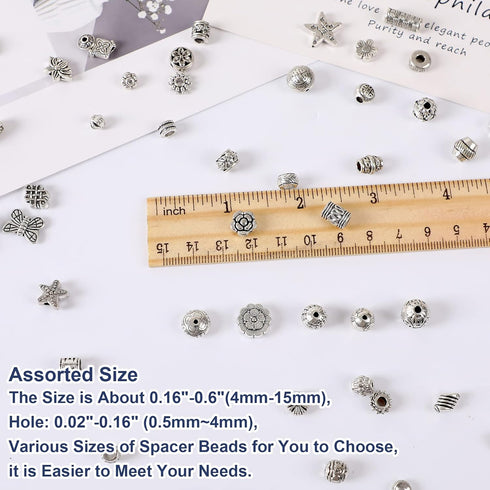 UPINS 300Pcs Silver Spacer Beads for Jewelry Making Metal Tibetan Antique Beads Bracelet Necklace Crafts Alloy Loose Beads with Radom Styles for D...