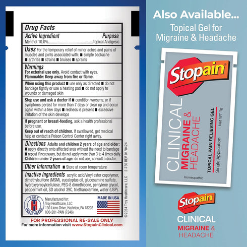 Stopain Pain Relief Clinical Gel Packets, 10 Pack, USA Made, Max Strength Fast Acting with MSM, Glucosamine, Menthol for Arthritis, Lower Back Sci...