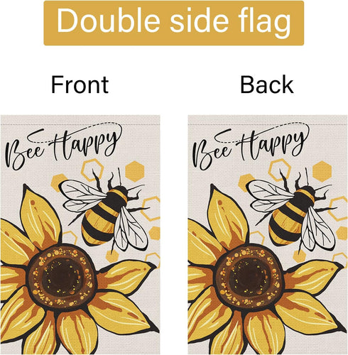 Bee Happy Garden Flag 12x18 Double Sided Vertical, Burlap Small Welcome Spring Summer Positive Garden Yard House Flags with Sunflower Decor Outsid...