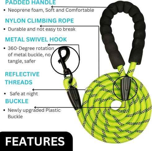 Rope Dog Leash 5 ft, Heavy Duty, Reflective, Tangle-Free rope with Comfortable Padded Handle, Ideal for small medium large Breed Dogs, Perfect for...