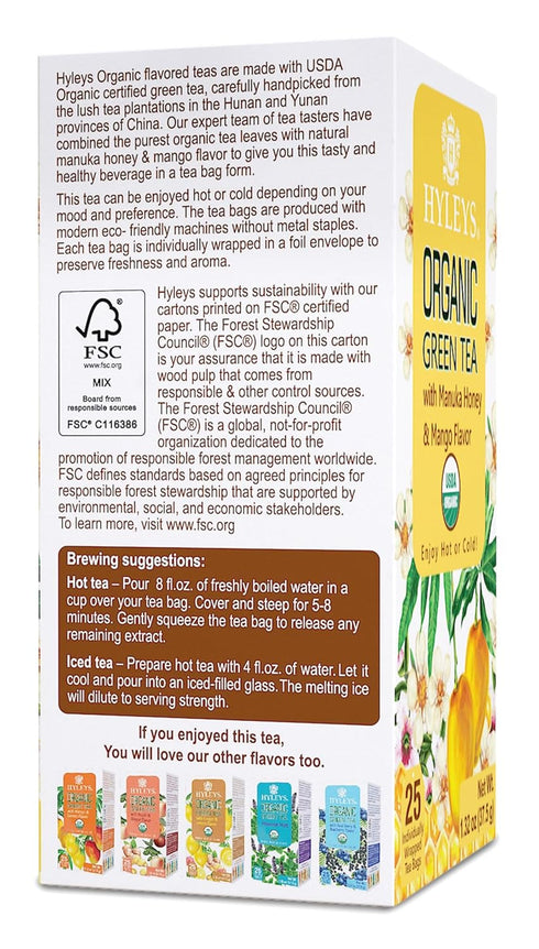 Hyleys Organic Green Tea Manuka Honey and Mango Flavor - 25 Tea Bags...