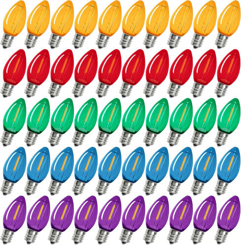 50 Pack C7 LED Replacement Light Bulb, C7 LED Bulbs for Christmas Outdoor String Lights, E12 Intermediate Base, Commercial Grade Holiday Bulbs (C7...