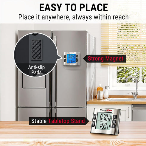 ThermoPro TM02 24 Hours Digital Timer with Dual Kitchen Timers for Cooking, Stop Watches Magnetic Timer Clock with Adjustable Alarm Volume & LCD B...