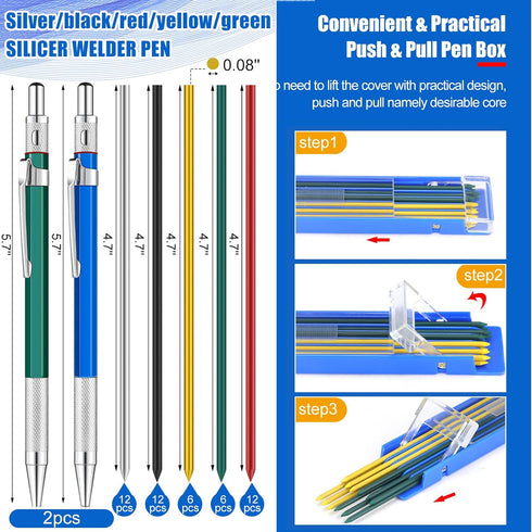 2 Pcs Welders Pencil with 48 PCS Round Refills Mechanical Pencils Metal Welding Marker for Tube Pipe Fitter Welder Steel Construction Woodworking ...