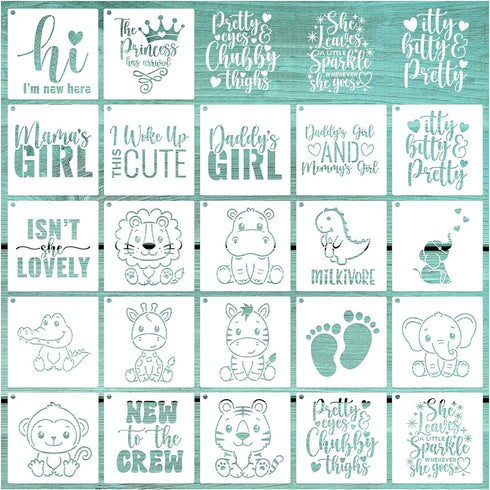 22 Pack Cute Baby Shower Stencils for Onesie Decorating Kit, Boy Girl Shirt Fabric Stencils for Clothes Phrases Mixed Animals Pattern Templates fo...