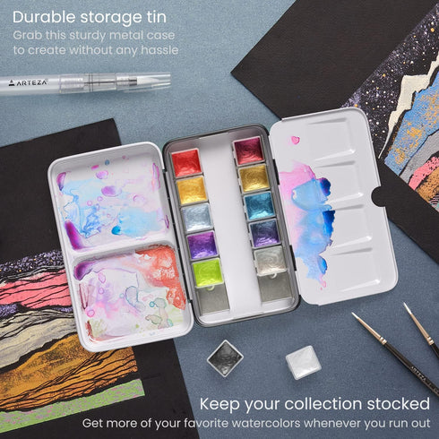 ARTEZA Watercolor Paint Set, 12 Metallic Watercolor Paints, Glitter Watercolor Paint in Half Pans, Travel Watercolor Set...
