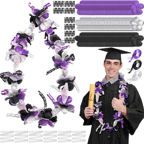 Unittype 6 Pcs 2024 Graduation Candy Lei Making Kit Include 5 ft Mesh Bag 3 Rolls of 98 ft Ribbon 216 Pcs Flower Pieces 48 Pcs Wooden Clip for Gra...
