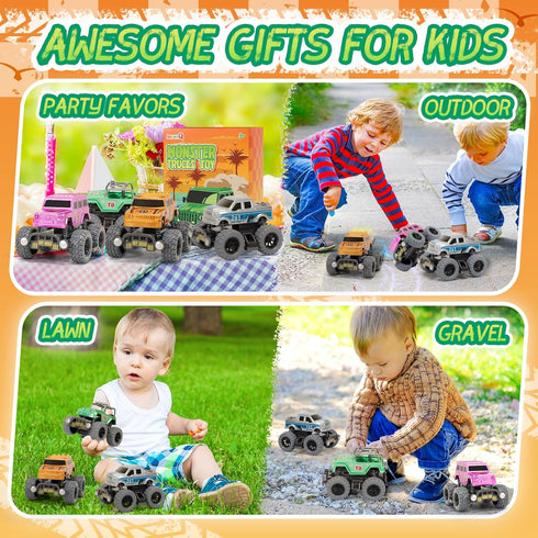 Monster Truck Toys for Boys, 4 Pcs Toy Cars Flip Stunt Car, Pull Back Race Cars Party Favors Friction Powered Cars Retro Toddler Toys Vehicles Goo...
