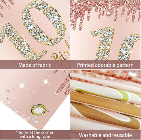 Sweet 10th Birthday Banner Backdrop Decorations for Girls, Rose Gold 10 Birthday Party Sign Supplies, Pink 10 Years Old Birthday Poster Background...